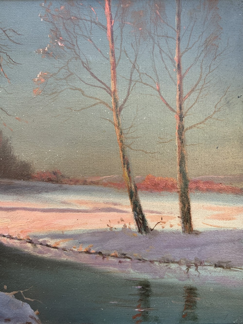 Sevonowski School - Winter Landscape At Sunset Antique Oil Painting View IV