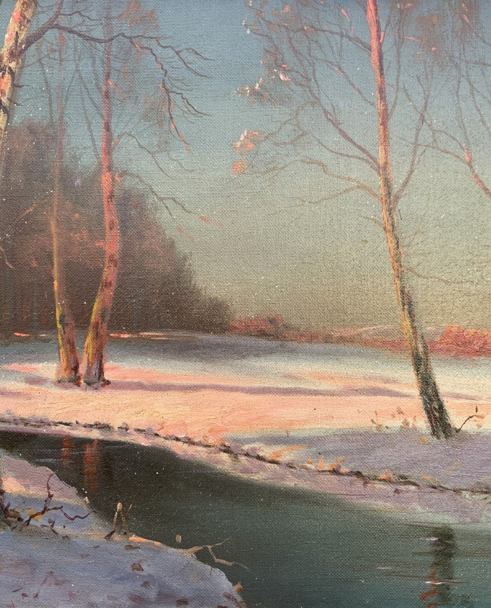 Sevonowski School - Winter Landscape At Sunset Antique Oil Painting View V