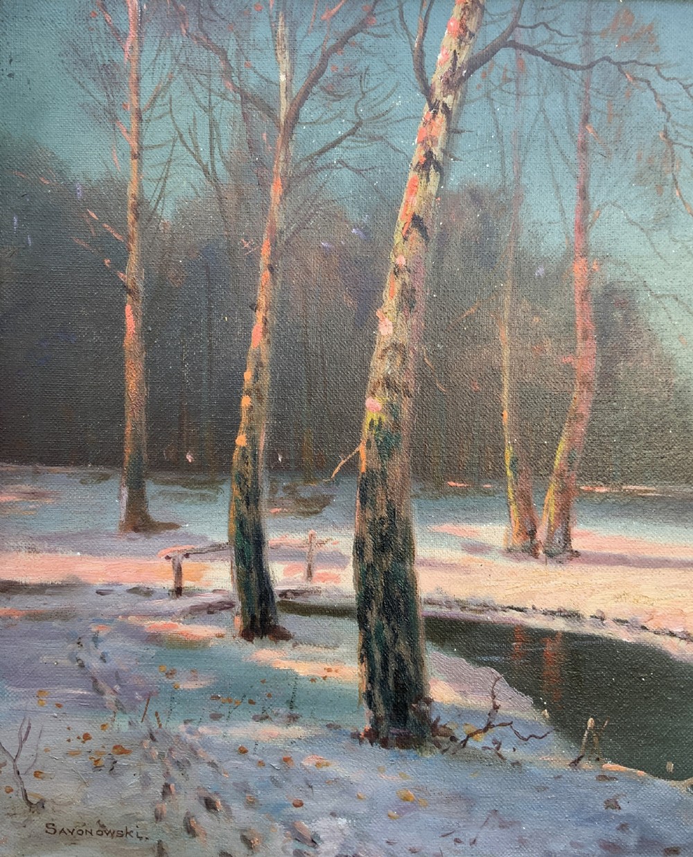 Sevonowski School - Winter Landscape At Sunset Antique Oil Painting View VI