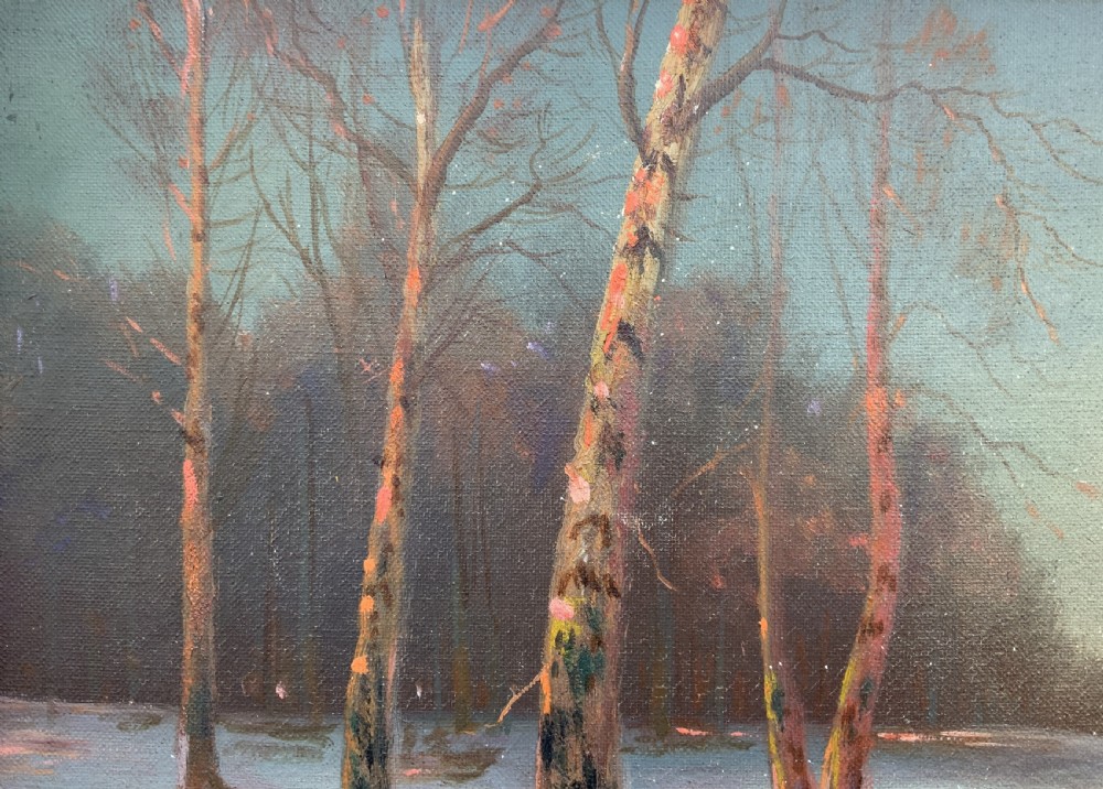 Sevonowski School - Winter Landscape At Sunset Antique Oil Painting View VII