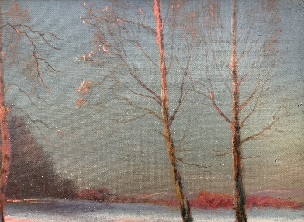 Sevonowski School - Winter Landscape At Sunset Antique Oil Painting View VIII