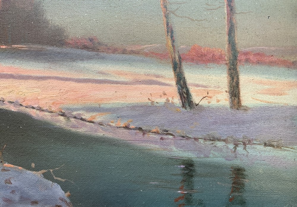Sevonowski School - Winter Landscape At Sunset Antique Oil Painting View IX