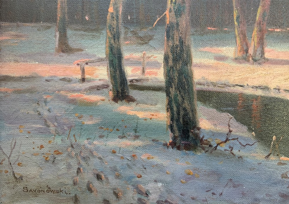 Sevonowski School - Winter Landscape At Sunset Antique Oil Painting View X