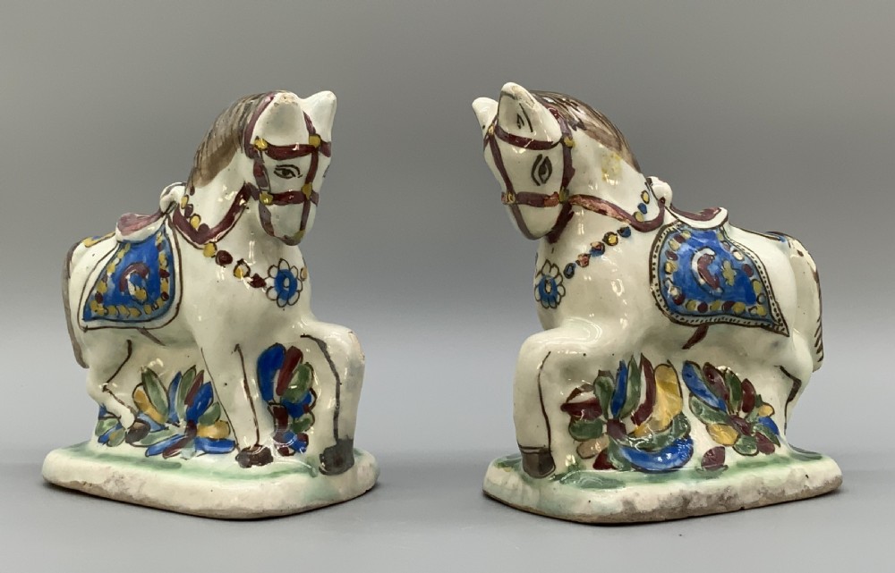Pair Delft Faience Pony Horse Figurines 18th-Century Polychrome Ceramics Statue View III