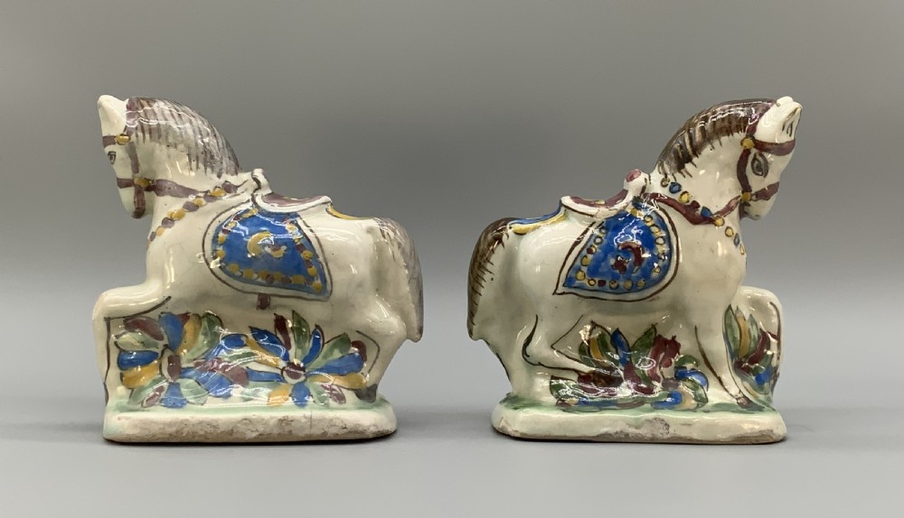 Pair Delft Faience Pony Horse Figurines 18th-Century Polychrome Ceramics Statue View VII