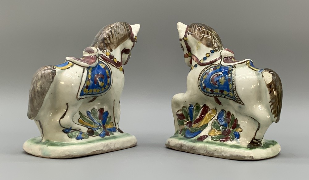 Pair Delft Faience Pony Horse Figurines 18th-Century Polychrome Ceramics Statue View X