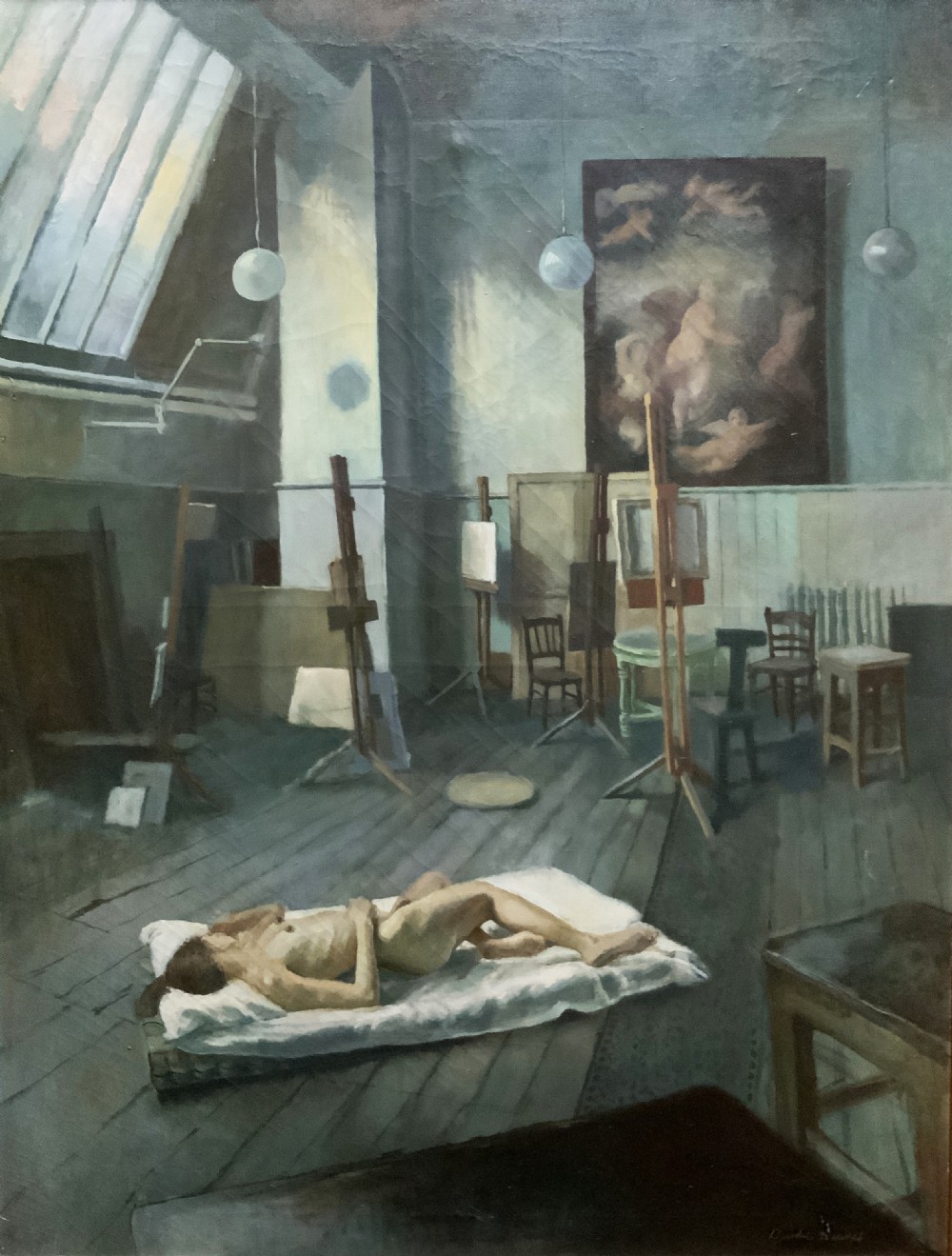 A large framed oil painting depicting an artist studio with a ceiling skylight, wooden easels, and a reclining nude figure on a floor mattress. View IV