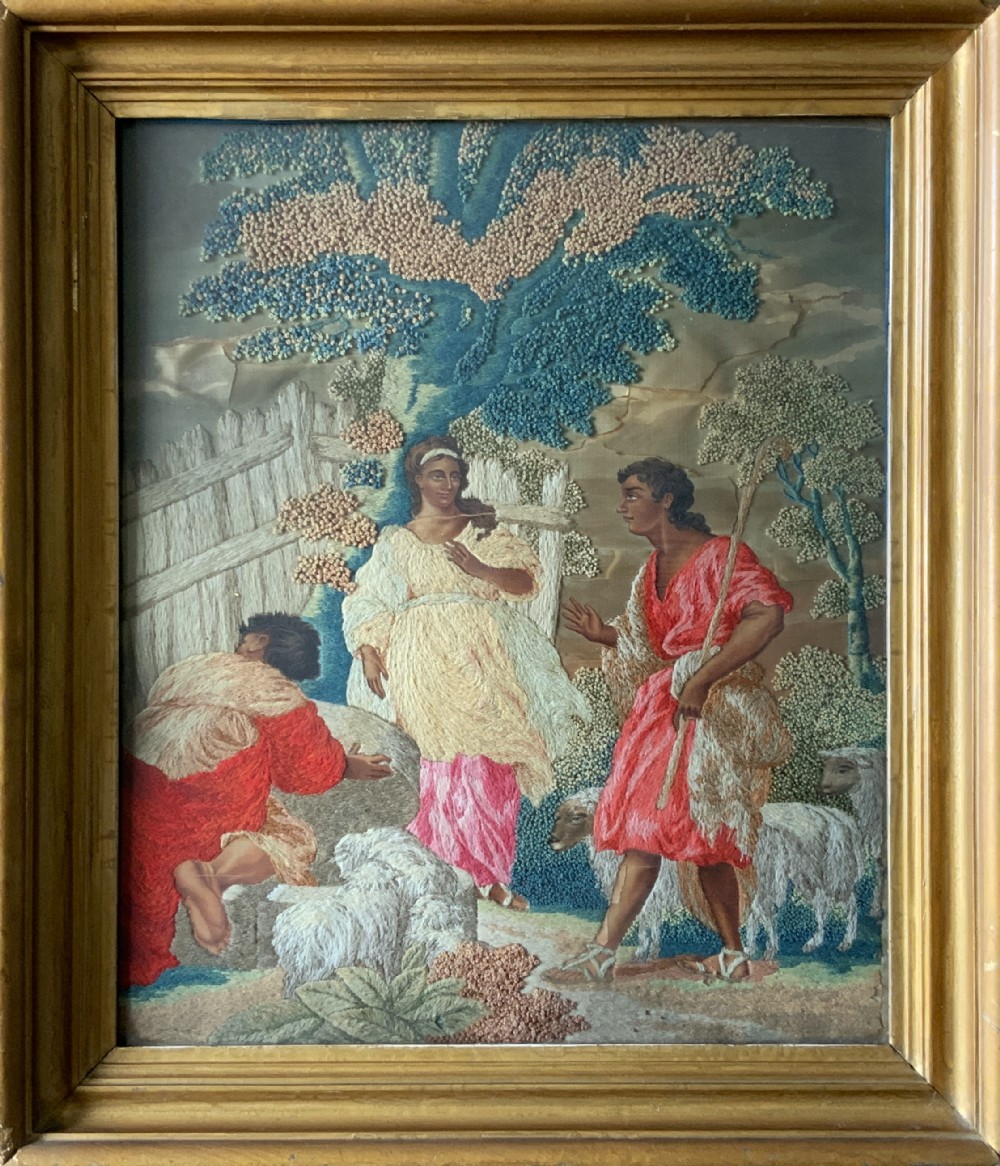 18th-Century George III Embroidered Silk and Wool Pastoral Farming Picture