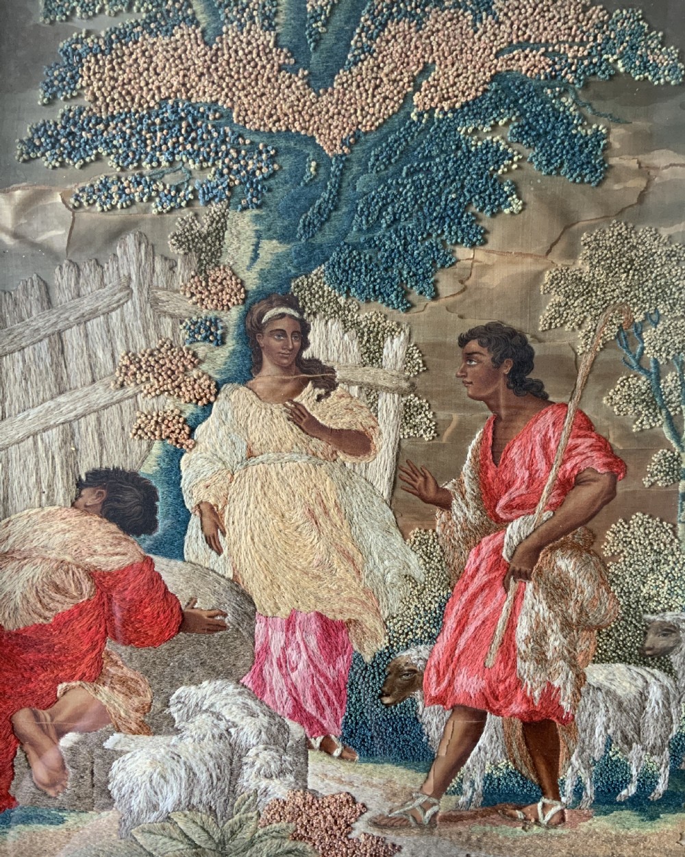 18th-Century George III Embroidered Silk and Wool Pastoral Farming Picture View IV