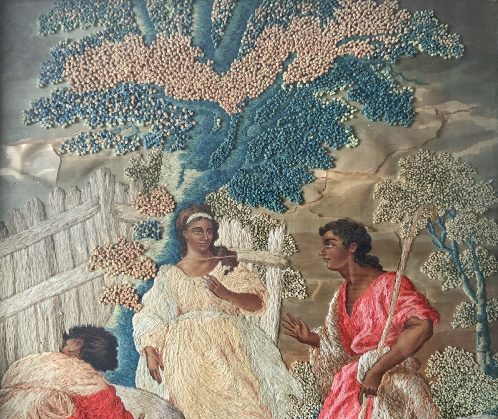 18th-Century George III Embroidered Silk and Wool Pastoral Farming Picture View V