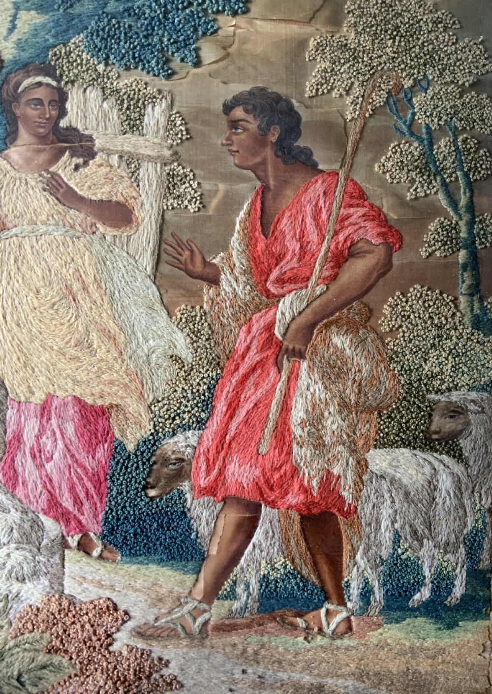 18th-Century George III Embroidered Silk and Wool Pastoral Farming Picture View VIII