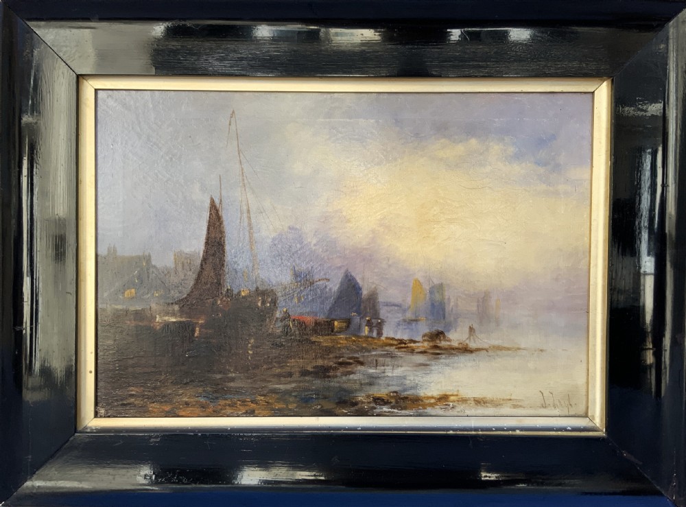 Maritime Seascape Oil Painting Sunset Harbour by John D. Taylor (act.1876-1890)