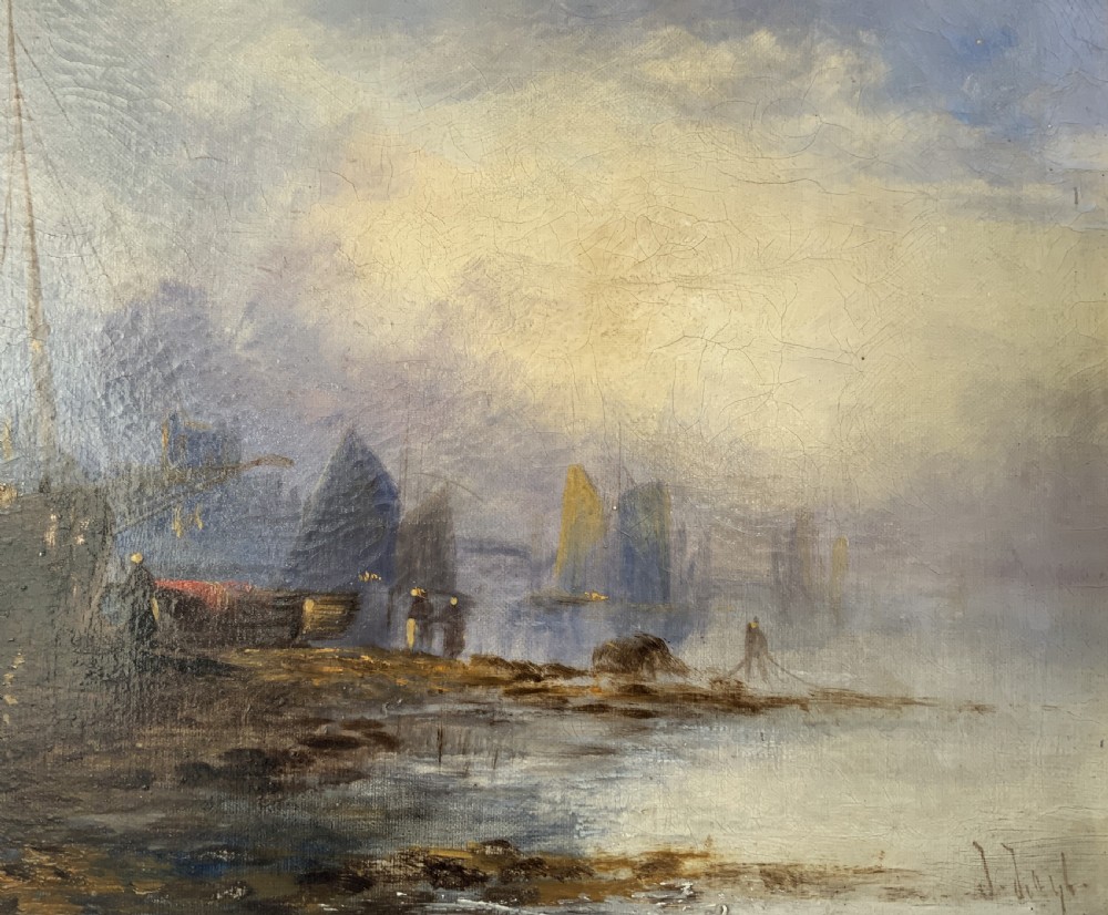 Maritime Seascape Oil Painting Sunset Harbour by John D. Taylor (act.1876-1890) View VI