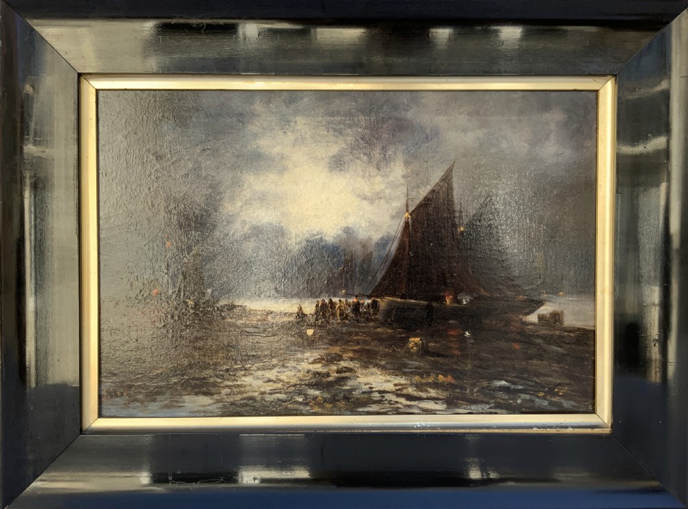 Maritime Seascape Oil Painting Moonlit Harbour by John D. Taylor (act.1876-1890)