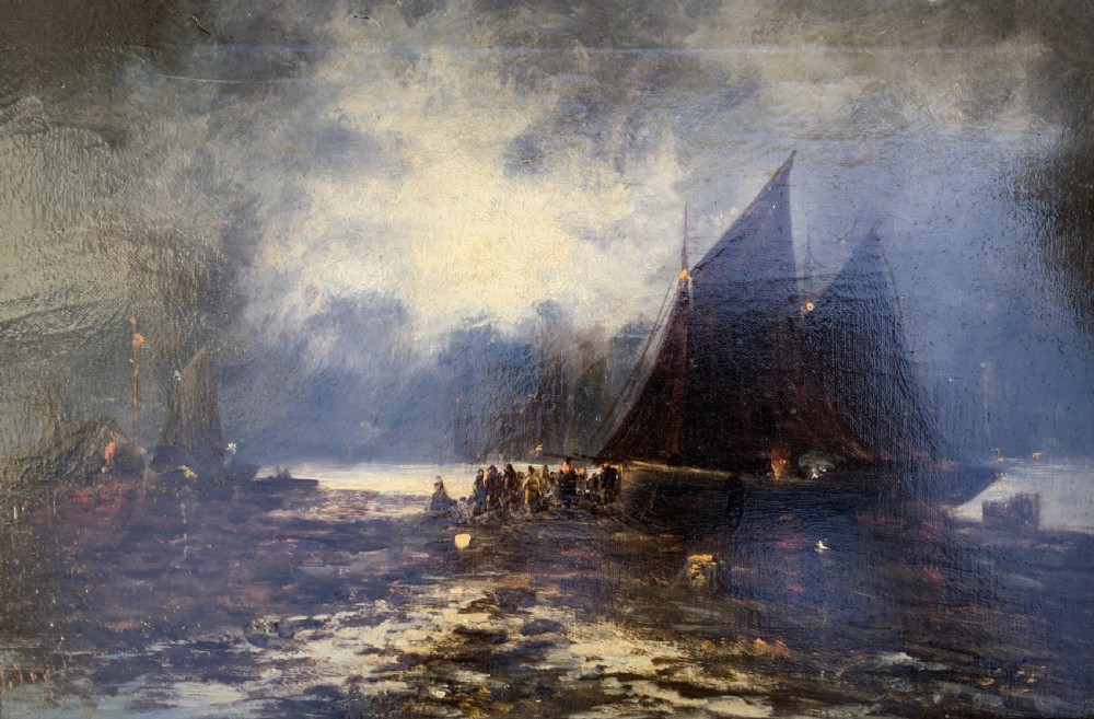 Maritime Seascape Oil Painting Moonlit Harbour by John D. Taylor (act.1876-1890) View III