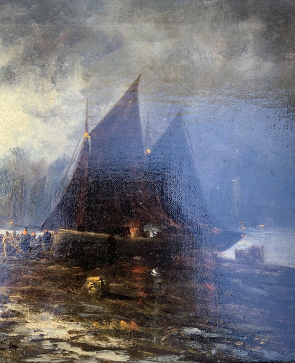 Maritime Seascape Oil Painting Moonlit Harbour by John D. Taylor (act.1876-1890) View IV