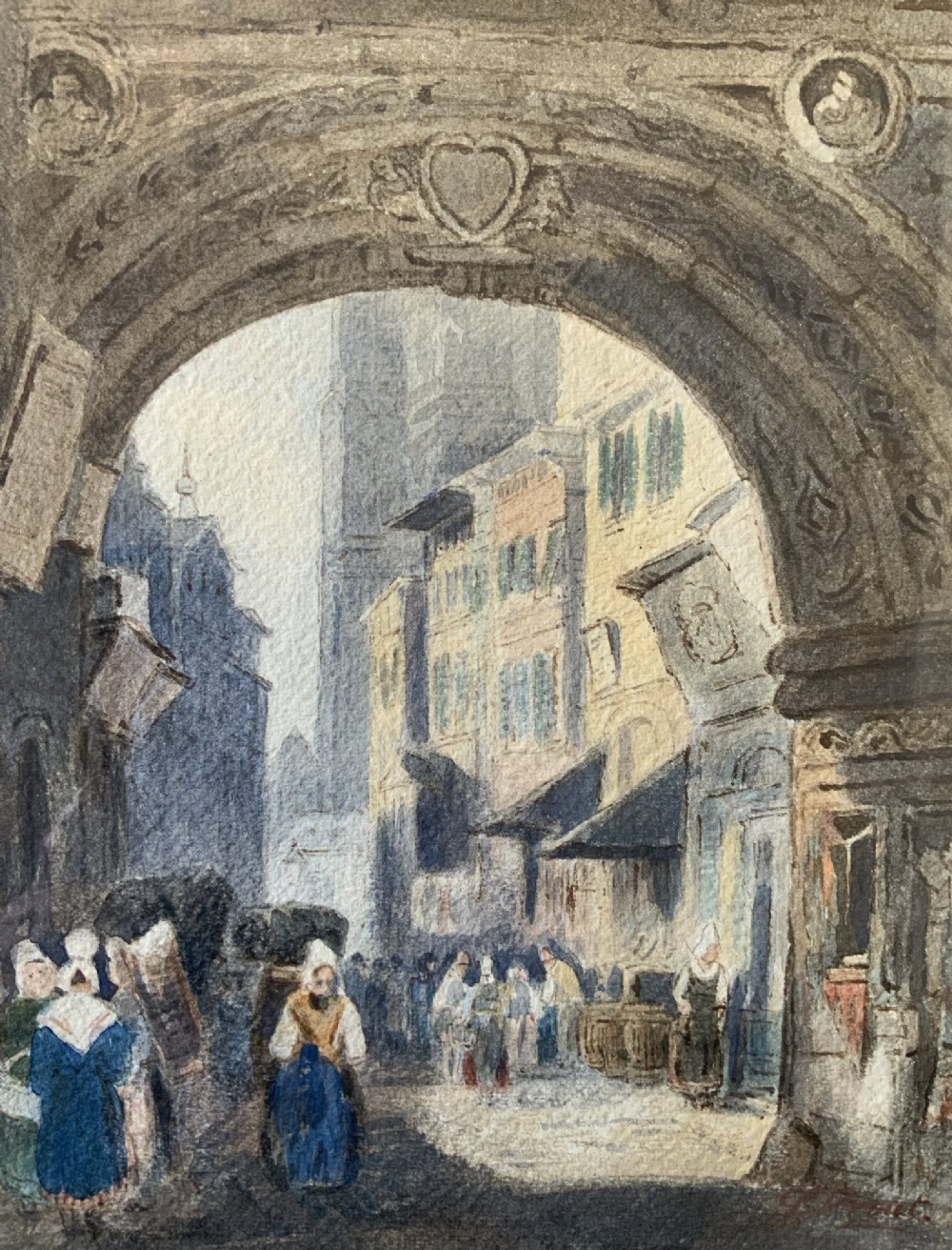 Samuel Prout (1785-1852) Market Day Cityscape Watercolour Painting (2of2) View IV