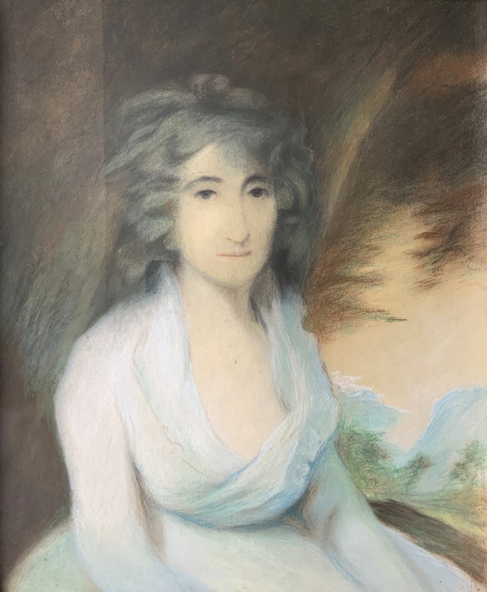 A 19th-century Regency pastel and gouache portrait depicting a woman in a draped white dress, presented in an ornate giltwood frame. View II