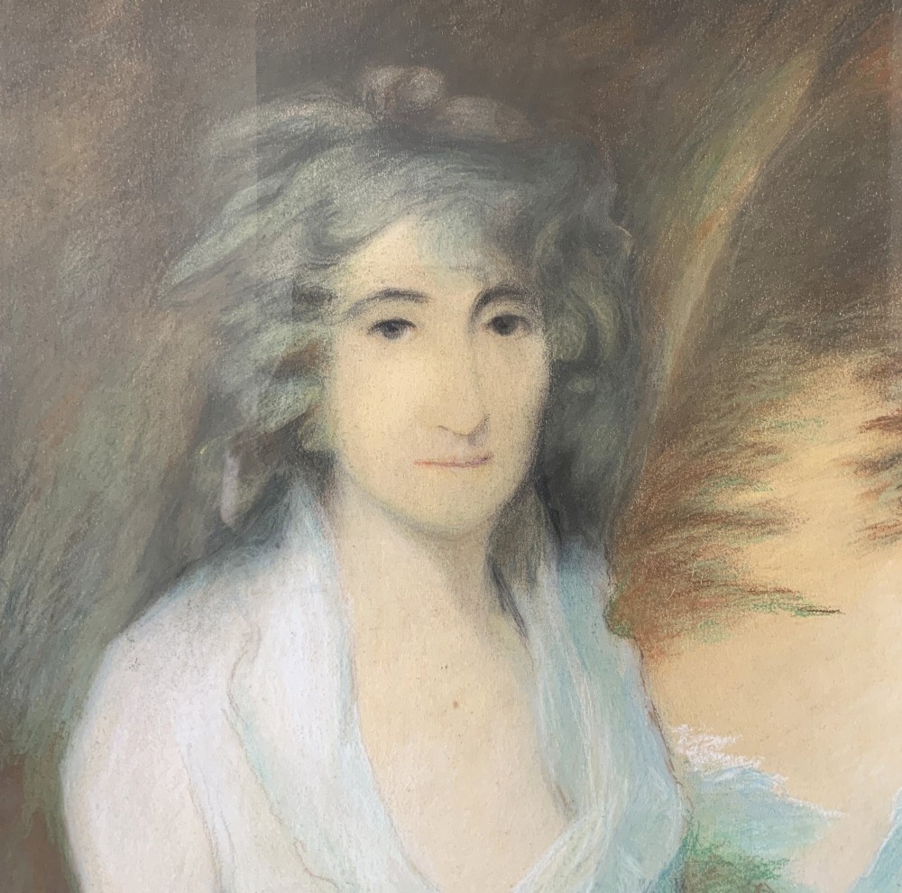 A 19th-century Regency pastel and gouache portrait depicting a woman in a draped white dress, presented in an ornate giltwood frame. View V