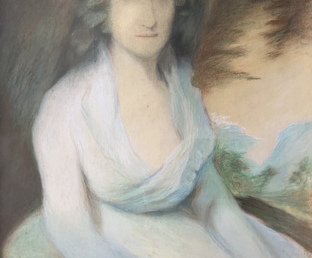 A 19th-century Regency pastel and gouache portrait depicting a woman in a draped white dress, presented in an ornate giltwood frame. View VI