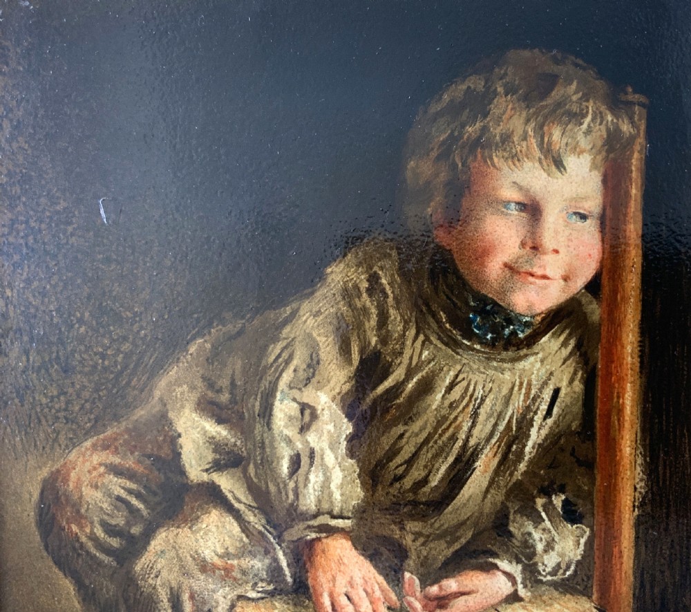 A nineteenth-century Victorian oleograph portrait of a young child sitting on a wooden chair, presented in an ornate gold leaf frame. View III