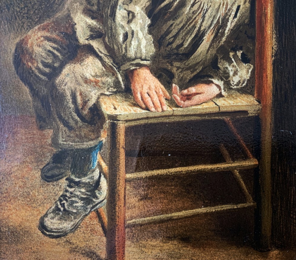 A nineteenth-century Victorian oleograph portrait of a young child sitting on a wooden chair, presented in an ornate gold leaf frame. View IV