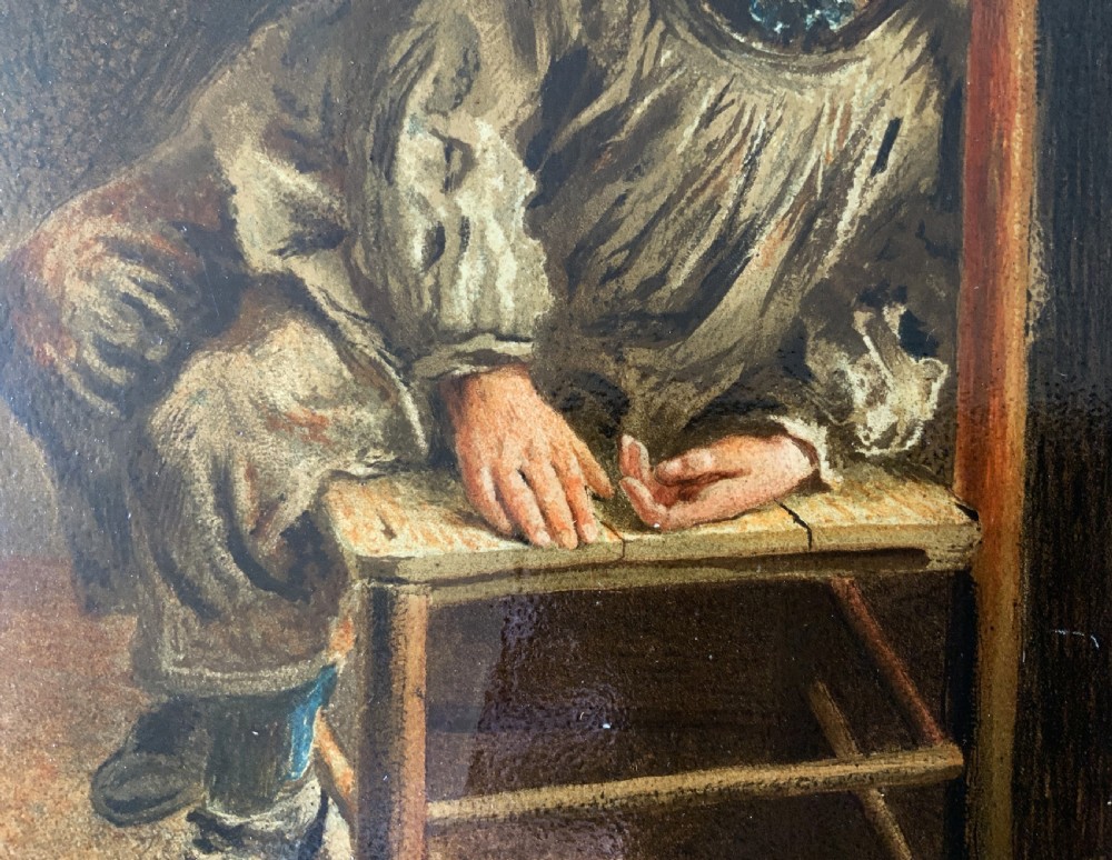 A nineteenth-century Victorian oleograph portrait of a young child sitting on a wooden chair, presented in an ornate gold leaf frame. View VII