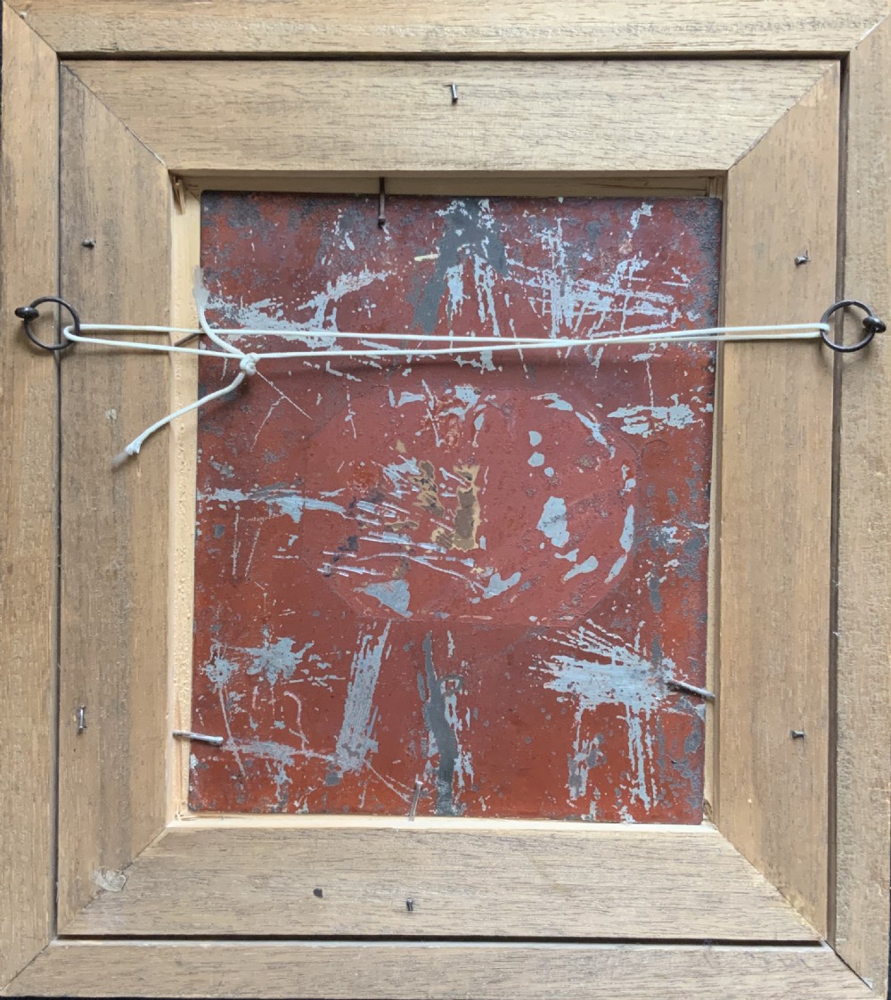 An antique oil painting depicting two musicians, a man and a boy playing a violin, set in a wide wooden frame with a gilded inner moulding. View X