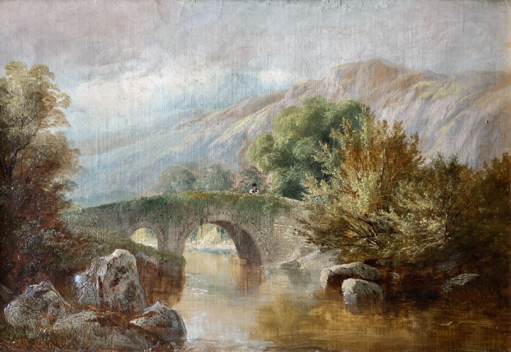 A framed 19th-century oil painting depicting an arched stone bridge crossing a river amidst trees and distant mountains. View II