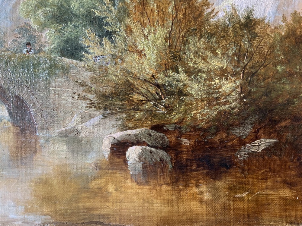 A framed 19th-century oil painting depicting an arched stone bridge crossing a river amidst trees and distant mountains. View VI