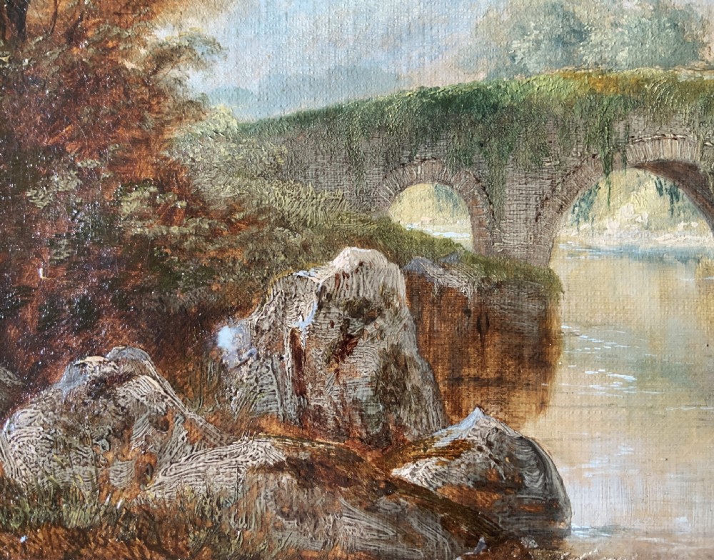 A framed 19th-century oil painting depicting an arched stone bridge crossing a river amidst trees and distant mountains. View VIII