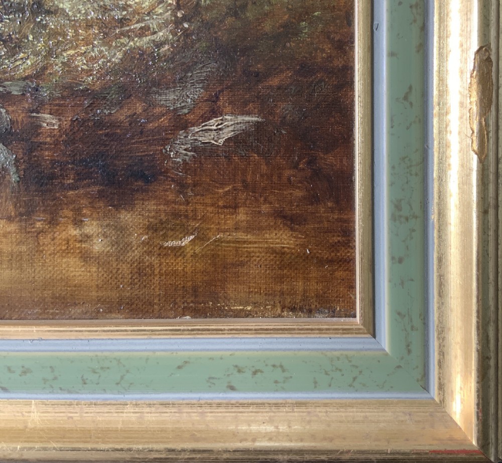 A framed 19th-century oil painting depicting an arched stone bridge crossing a river amidst trees and distant mountains. View IX