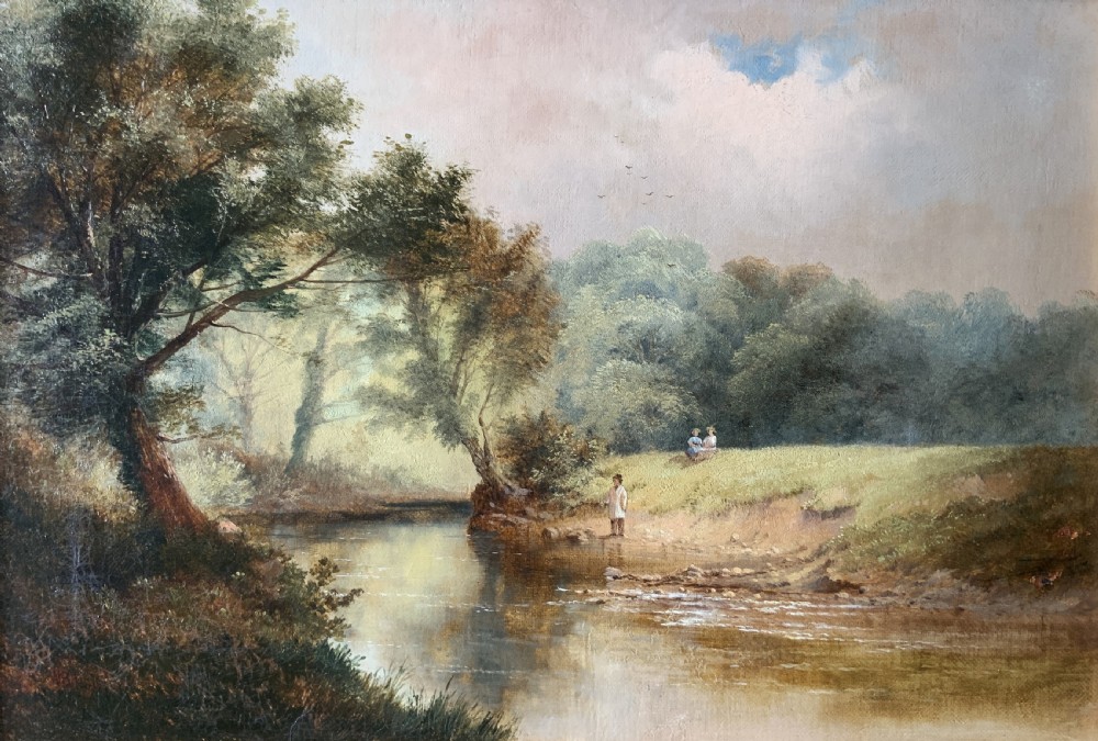 A 19th-century landscape oil painting depicting a river scene with trees and figures along the bank, housed in a green and gold moulded frame. View II