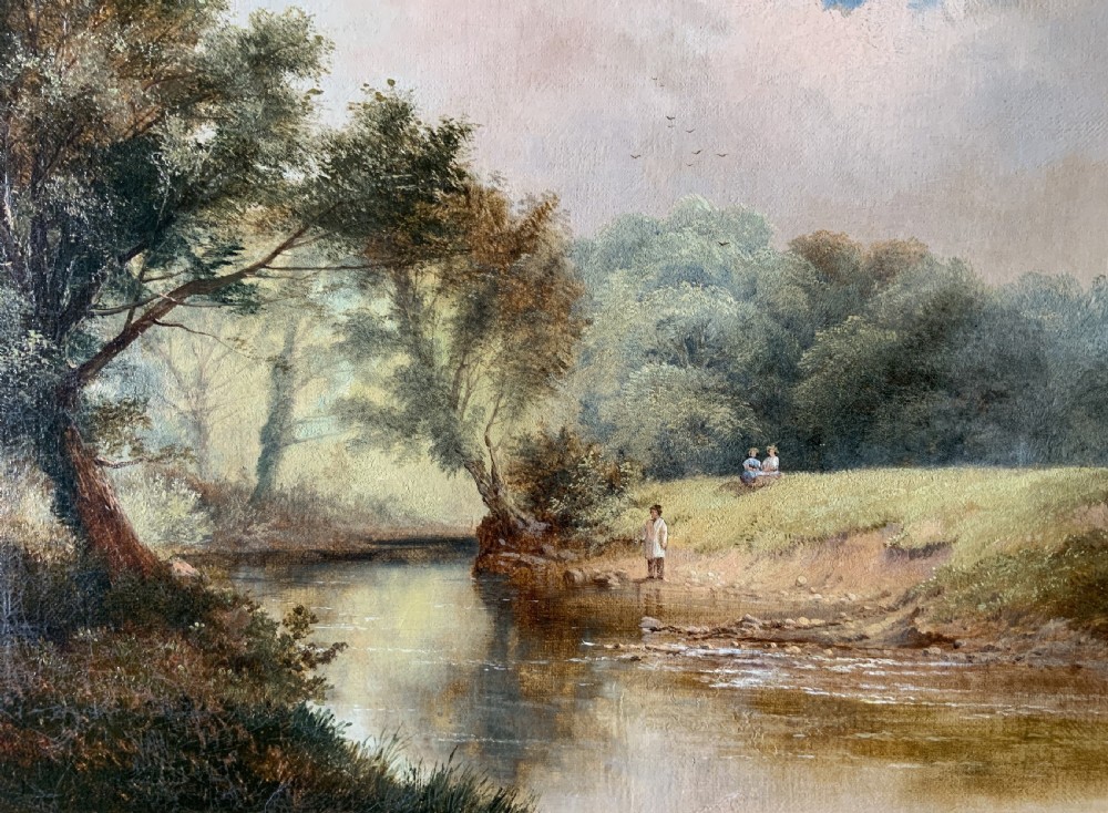 A 19th-century landscape oil painting depicting a river scene with trees and figures along the bank, housed in a green and gold moulded frame. View III