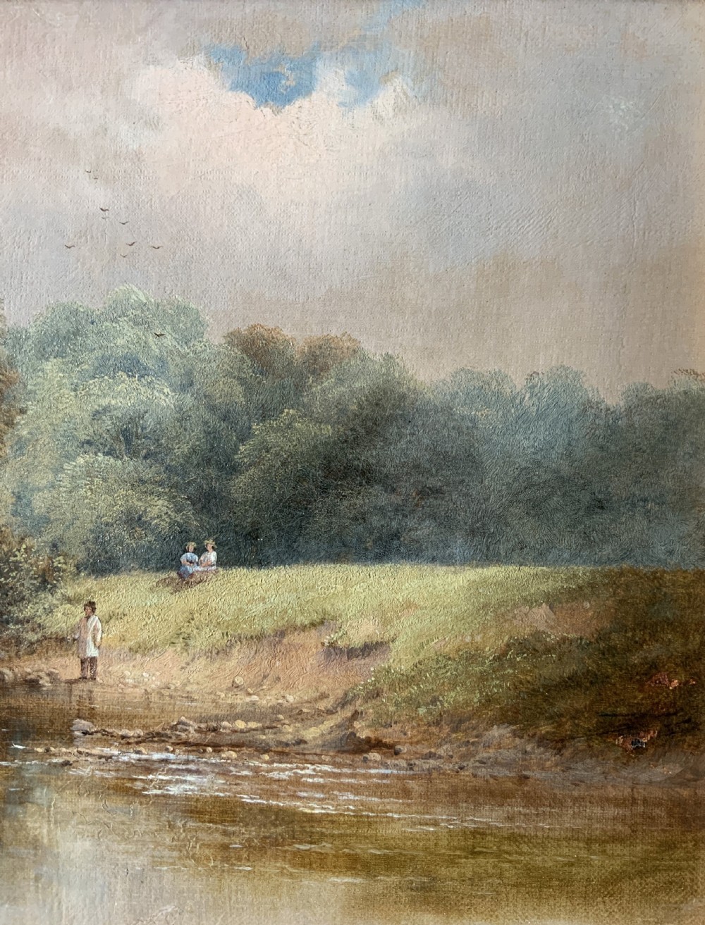 A 19th-century landscape oil painting depicting a river scene with trees and figures along the bank, housed in a green and gold moulded frame. View IV
