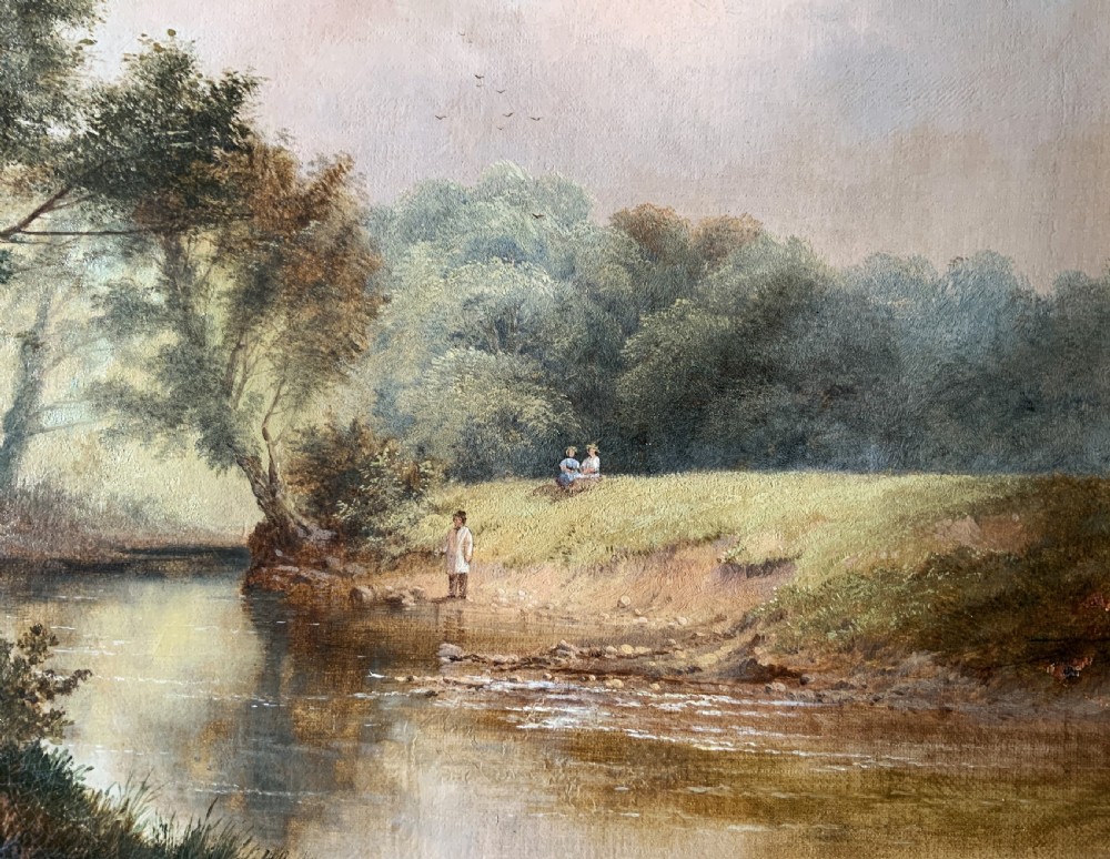 A 19th-century landscape oil painting depicting a river scene with trees and figures along the bank, housed in a green and gold moulded frame. View VIII