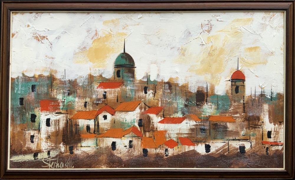 A mid-century abstract oil painting depicting a textured urban cityscape with terracotta rooftops, domes, and a dark wooden frame.