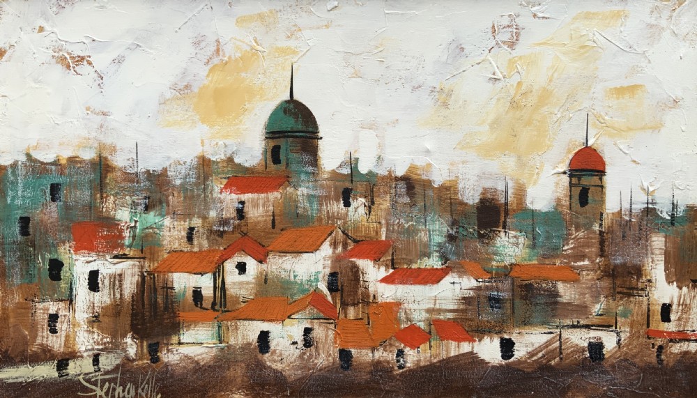 A mid-century abstract oil painting depicting a textured urban cityscape with terracotta rooftops, domes, and a dark wooden frame. View III