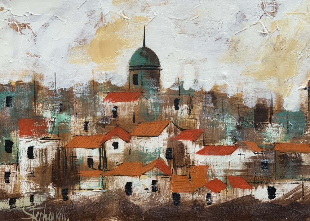A mid-century abstract oil painting depicting a textured urban cityscape with terracotta rooftops, domes, and a dark wooden frame. View IV