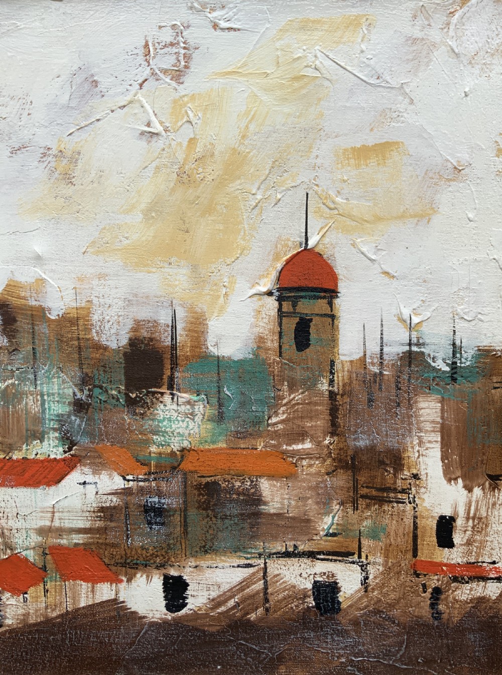 A mid-century abstract oil painting depicting a textured urban cityscape with terracotta rooftops, domes, and a dark wooden frame. View V