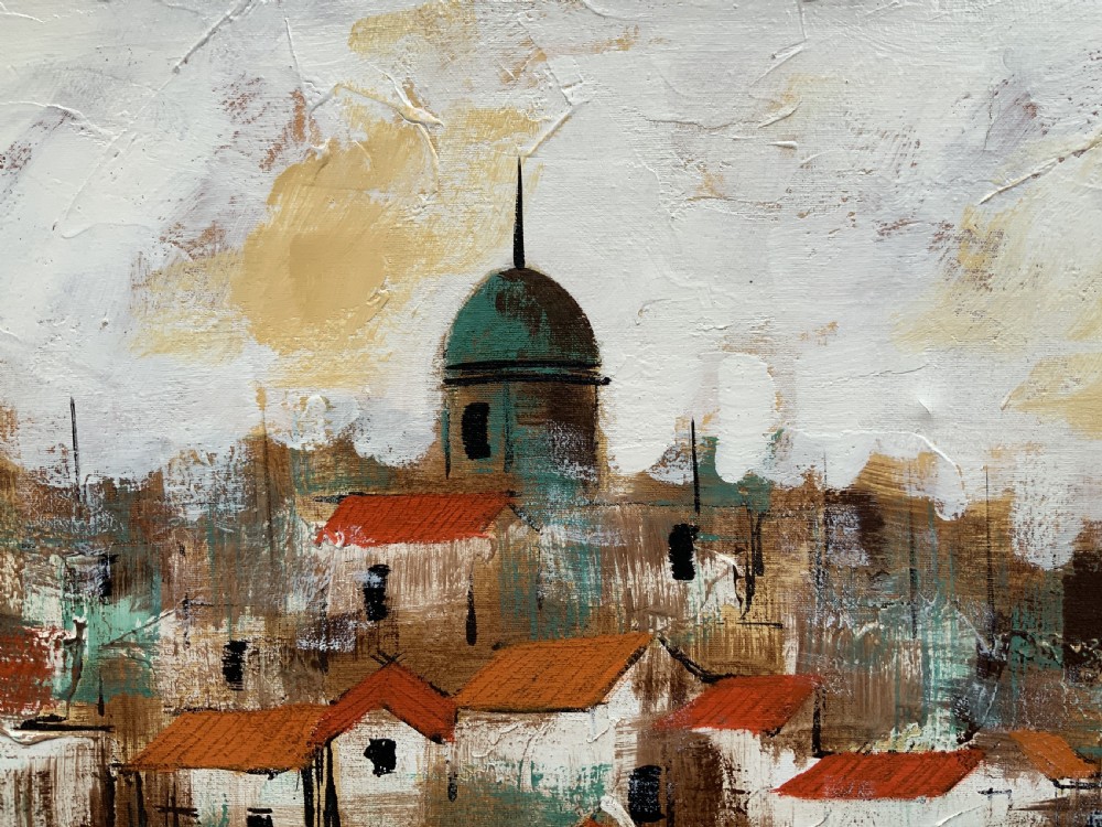 A mid-century abstract oil painting depicting a textured urban cityscape with terracotta rooftops, domes, and a dark wooden frame. View VIII