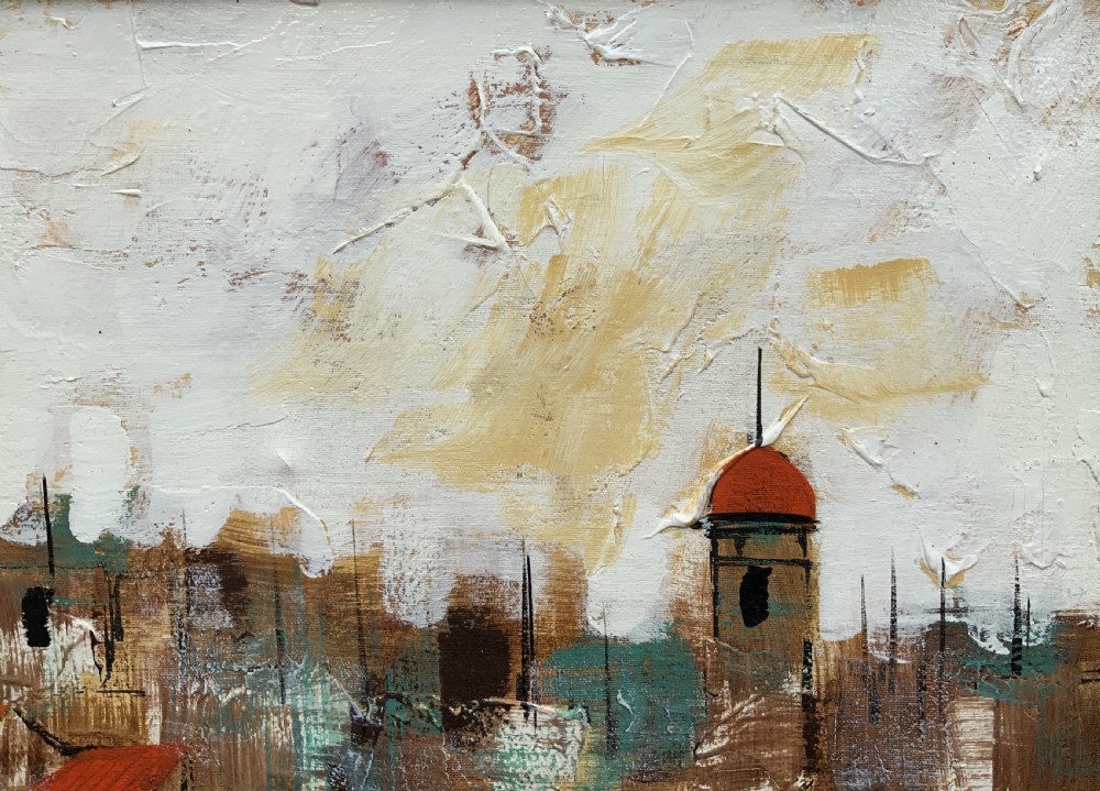 A mid-century abstract oil painting depicting a textured urban cityscape with terracotta rooftops, domes, and a dark wooden frame. View IX