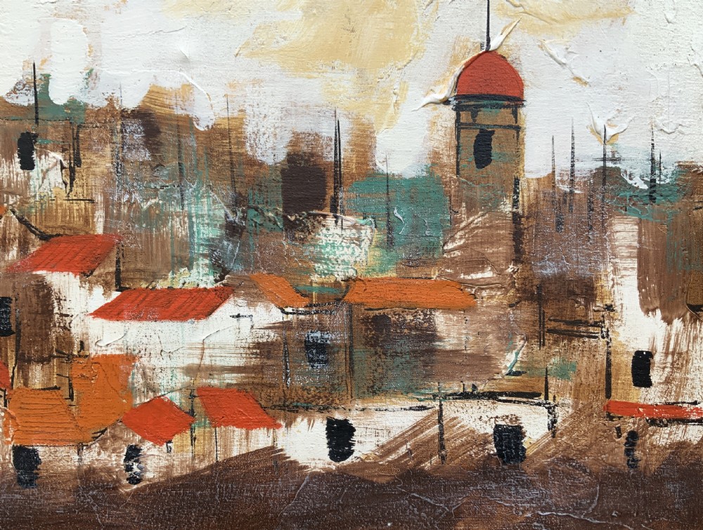 A mid-century abstract oil painting depicting a textured urban cityscape with terracotta rooftops, domes, and a dark wooden frame. View X
