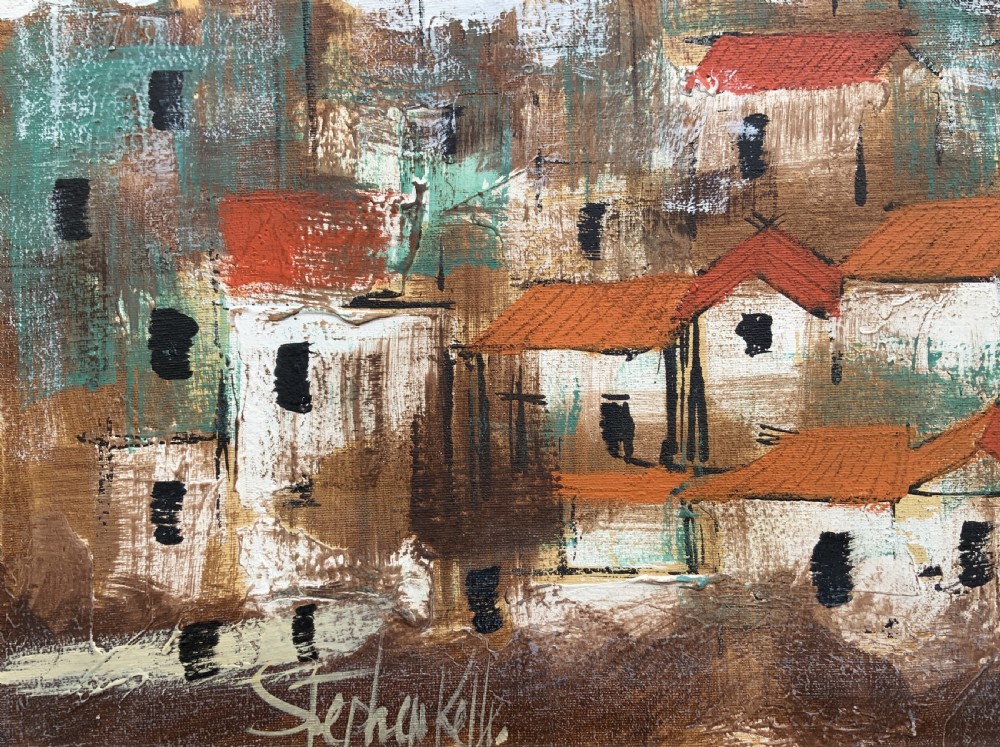A mid-century abstract oil painting depicting a textured urban cityscape with terracotta rooftops, domes, and a dark wooden frame. View XI