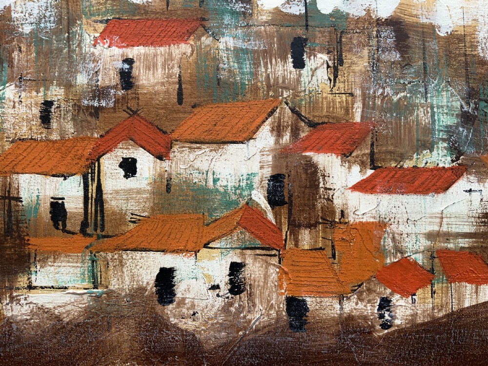A mid-century abstract oil painting depicting a textured urban cityscape with terracotta rooftops, domes, and a dark wooden frame. View XII