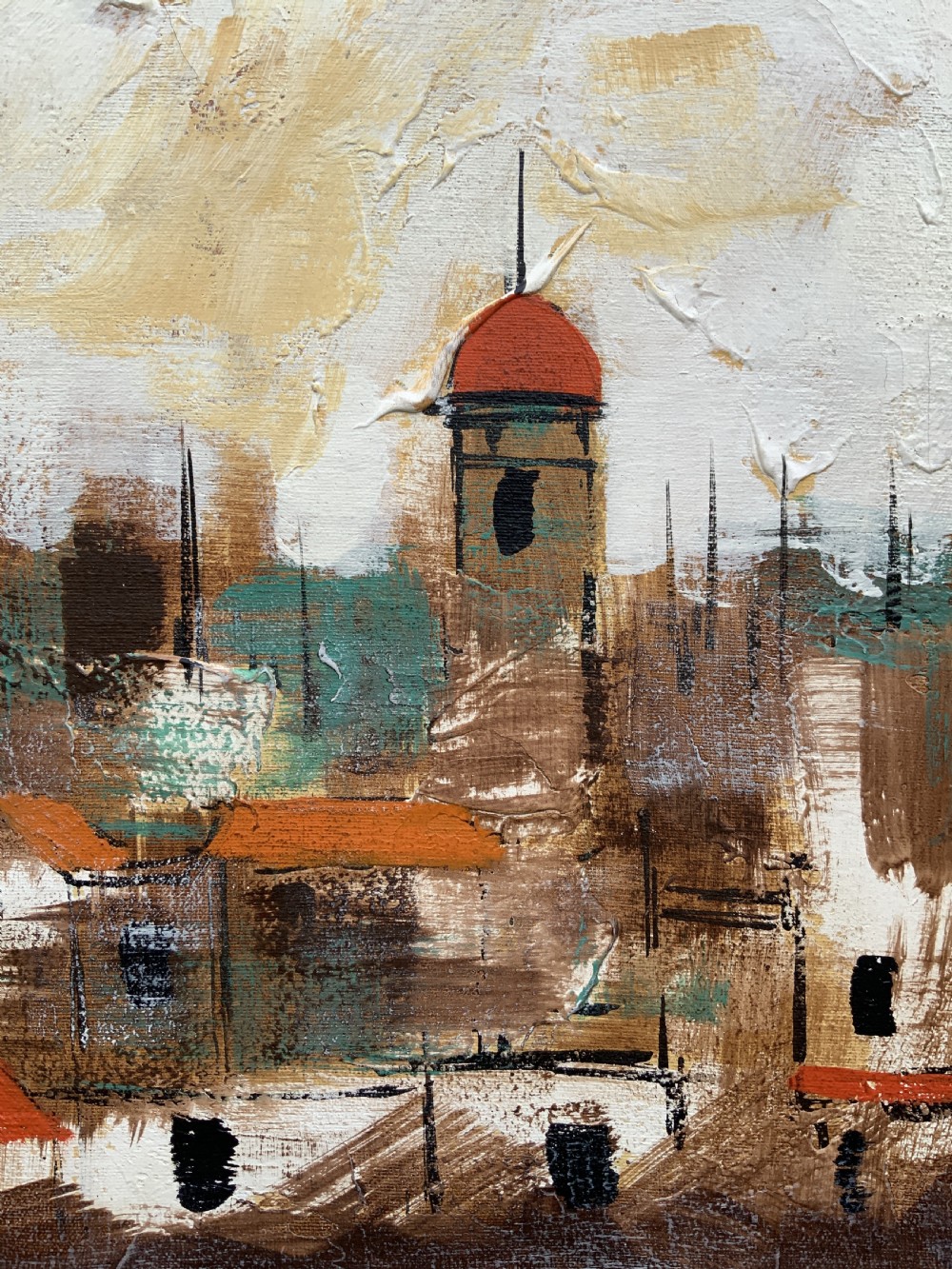 A mid-century abstract oil painting depicting a textured urban cityscape with terracotta rooftops, domes, and a dark wooden frame. View XIII