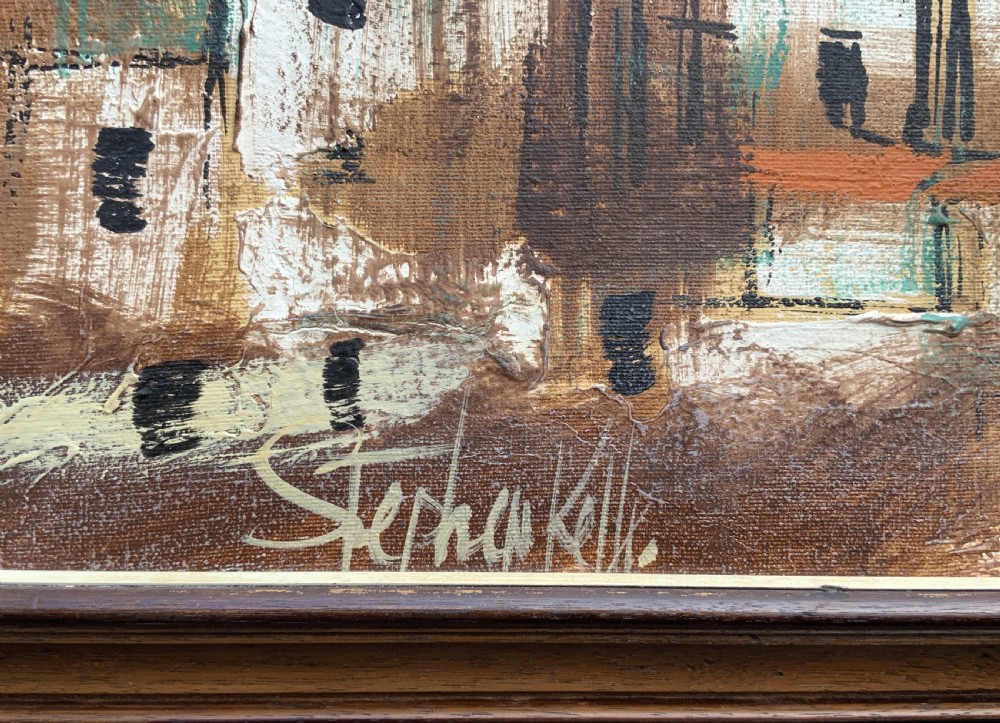 A mid-century abstract oil painting depicting a textured urban cityscape with terracotta rooftops, domes, and a dark wooden frame. View XIV