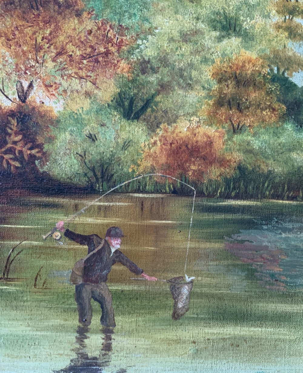 An Edwardian oil painting depicting an angler fly fishing in a river surrounded by trees, enclosed in a moulded gold gilt frame. View VIII
