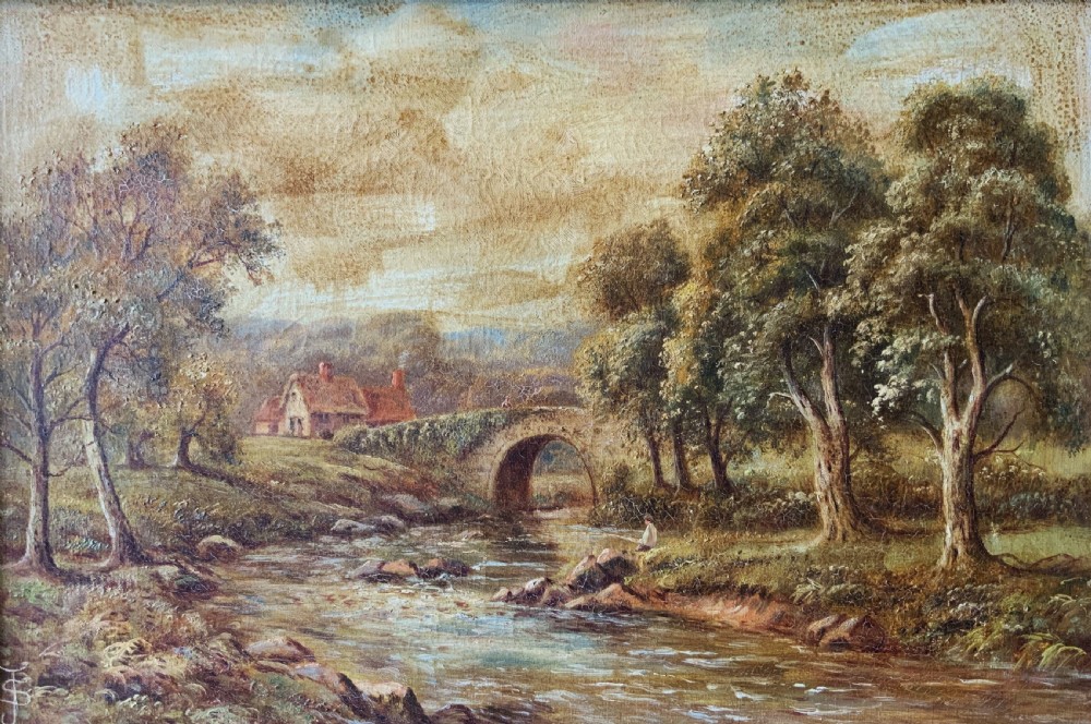 An antique oil painting depicting a tranquil river flowing through a wooded landscape with a stone bridge and cottage in the background, framed in polished dark wood. View III
