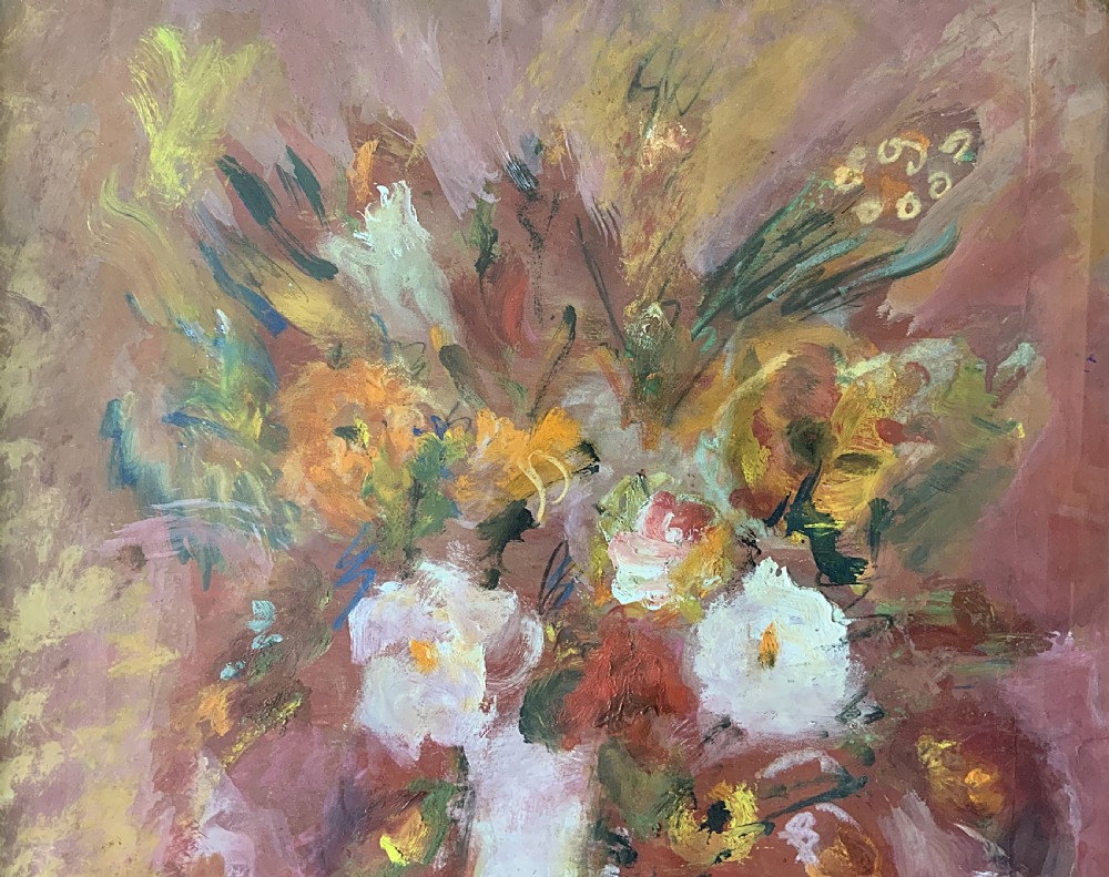 An early 20th-century floral still life oil painting featuring pink and yellow flowers in a light vase, enclosed in a carved giltwood frame. View IV